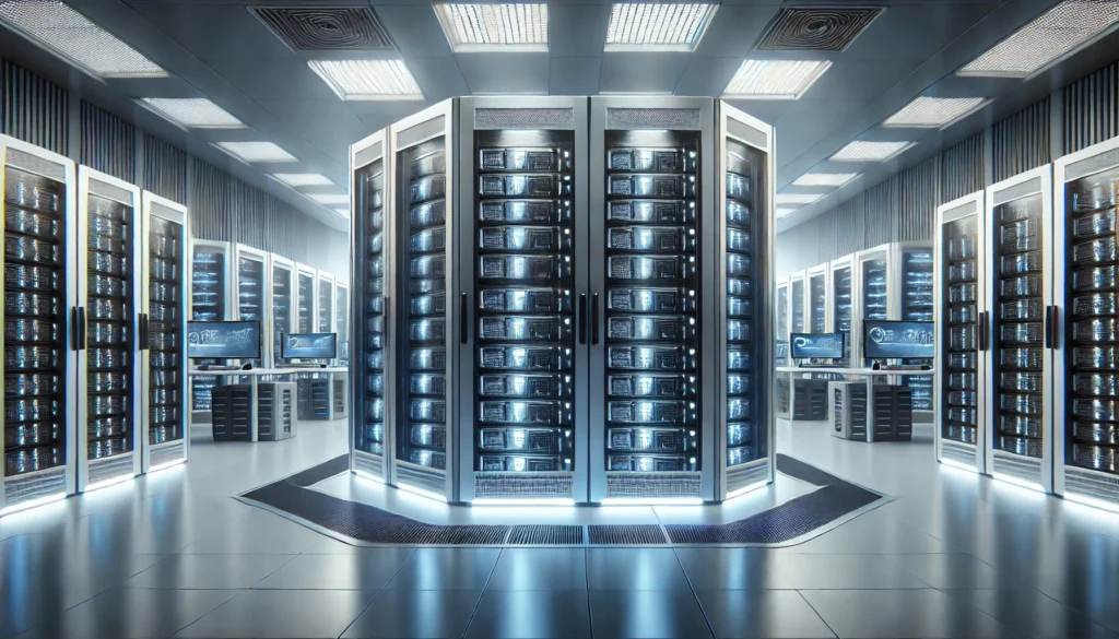 DALL·E 2025 02 01 12.20.43 A futuristic data center with multiple server racks illuminated by soft blue and white lighting. The scene features neatly arranged racks filled with